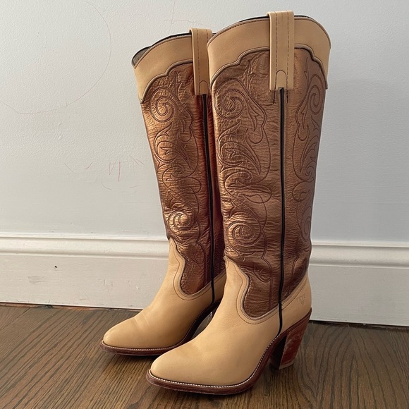 FRYE Metallic Gold Stitched Knee High Western Festival Cowboy Boots - Picture 6 of 15
